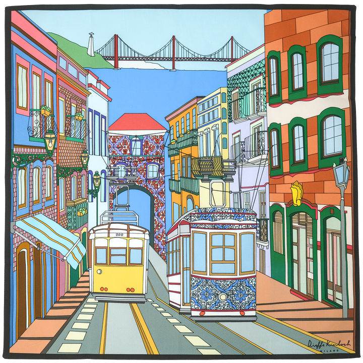 PORTUGAL "LISBONA STREET" コットン ハンカチーフ（クラシック）BLUE×BROWN