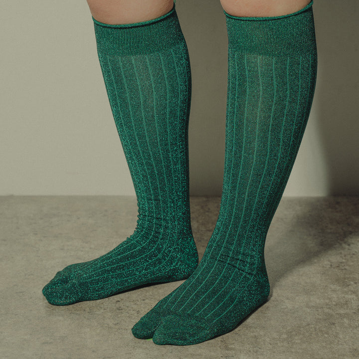 GLITTER HI RIB SOCKS WOMENS BLACK(GREEN）