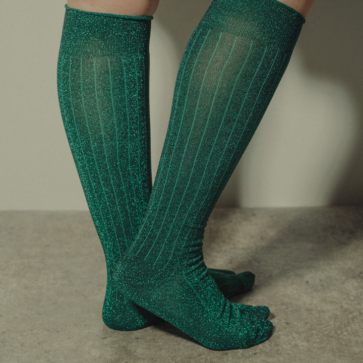 GLITTER HI RIB SOCKS WOMENS BLACK(GREEN）